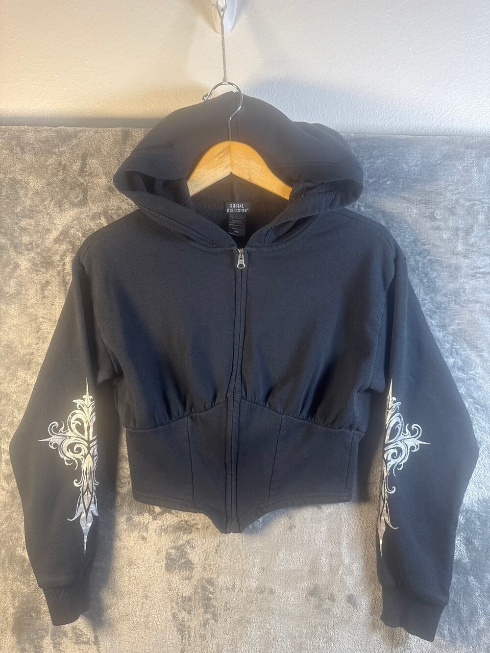Social Collision Corset Crop Hoodie Silver Gothic Cross Women’s Medium Black